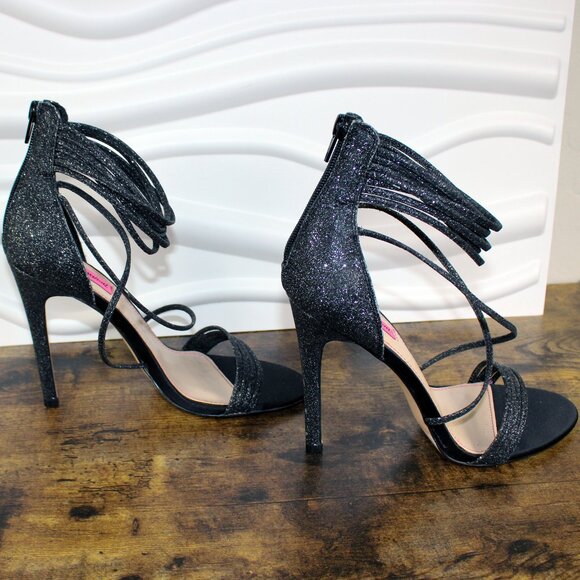 BETSEY JOHNSON KORA Size 8 Black Glitter Heels Pumps Open Toe Strappy Party - Picture 5 of 6